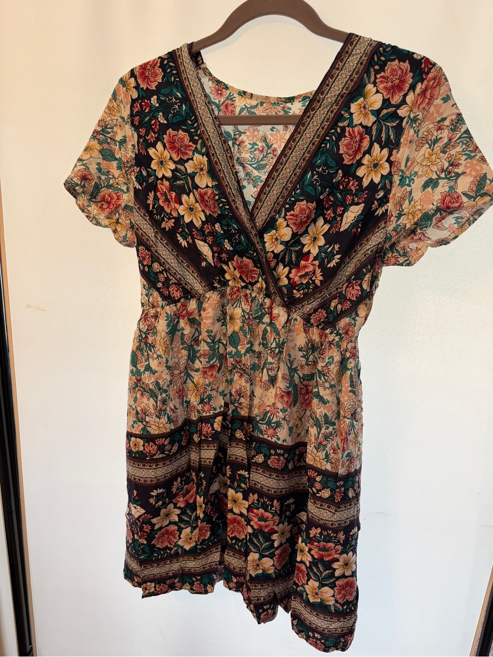 SHEIN Floral V-Neck Short Sleeve Dress - Cream, Black, Green, Pink